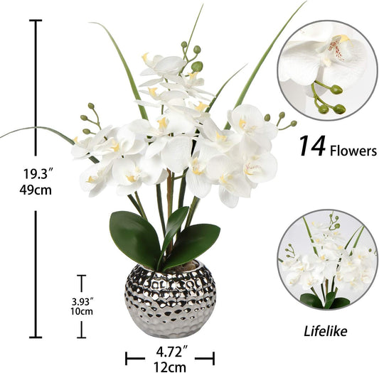 Orchids Artificial Flowers, 20'' White Faux Orchid with Silver Vase Fake Phalaenopsis Flowers for Home Table Living Room Office Kitchen Decor