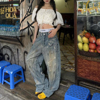 Street Girl Style One-shoulder Pleated Bubble Short-sleeved Shirt
