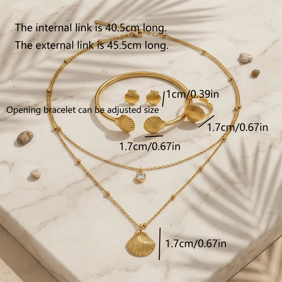 Women’s Gold Shell Jewelry Set – Stainless Steel Necklace, Bangle, Earrings & Ring | Everyday Home Deal