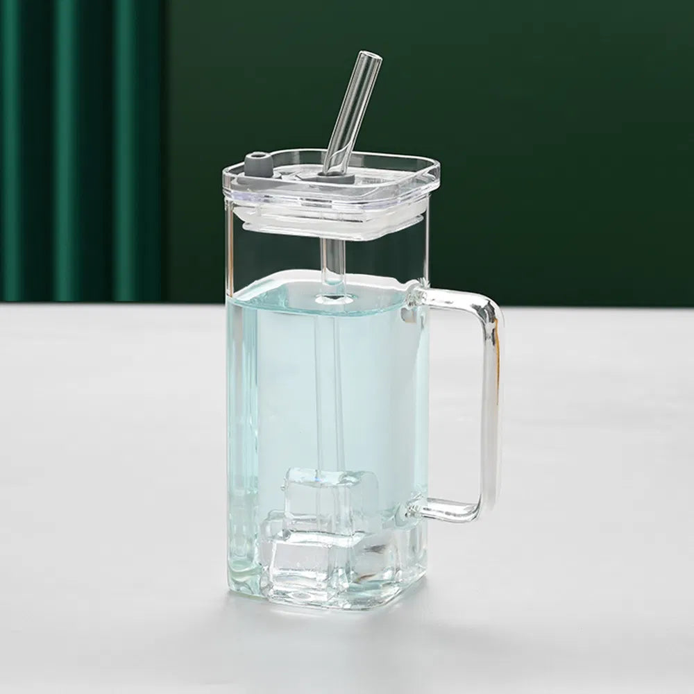 Transparent Borosilicate Glass Cup with Straw & Lid | Square Cup | Everyday Home Deal