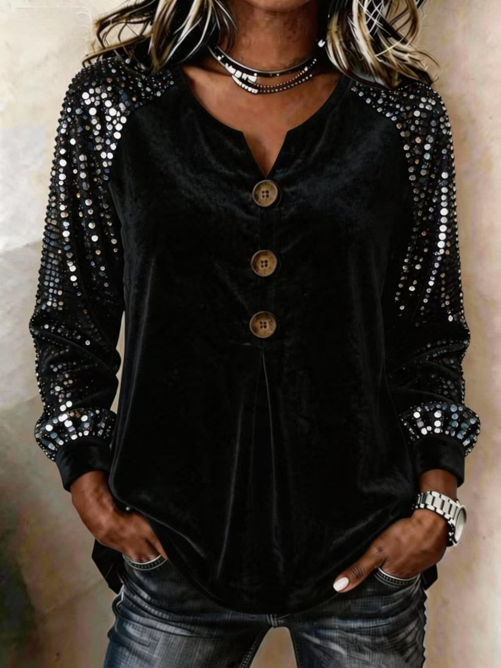 Button And Sequin Long-sleeve Womens Casual Top