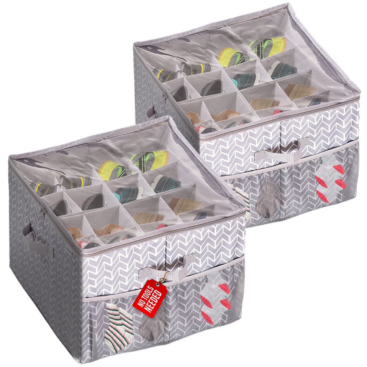 2 Packs Shoe Organizer for Closet, Sandal Organizer with Mesh Pocket, Shoe Storage Box W/Adjustable Dividers, and Clear Lid Cover, Shoe Storage Closet Fits up to 32 Pairs