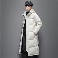 Mens Long Winter White Duck Down Hooded Coat That Goes Below The Knee