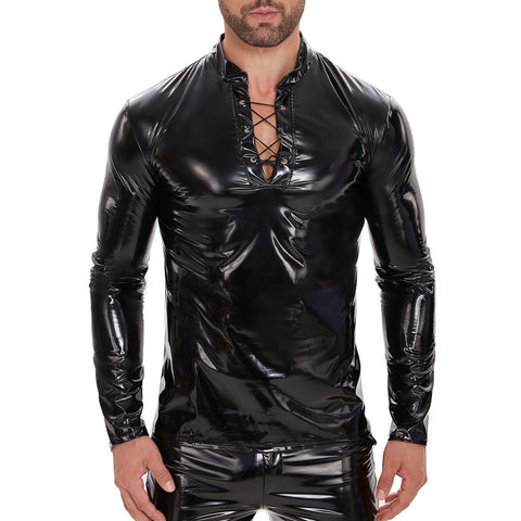 Men's Shiny Leather Long-sleeve Casual Top - Premium Apparel Deal | Everyday Home Deal
