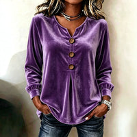 Elegant V-neck Buttoned Long-sleeve Velvet Blouse For Women