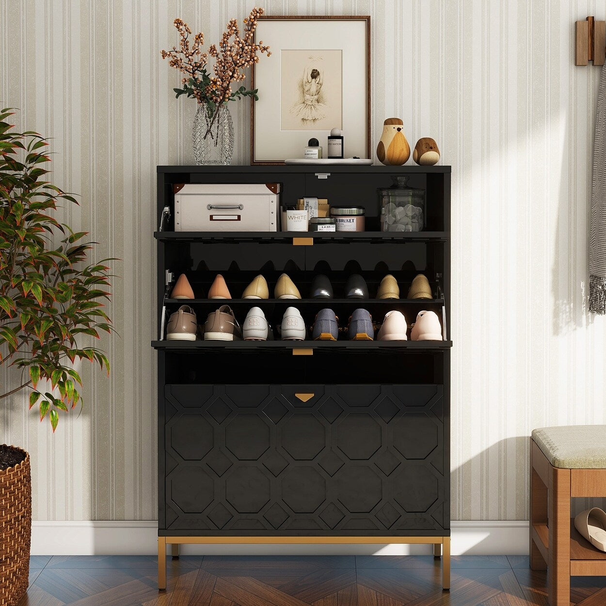 Shoe Organizer 24 Pairs Wood Shoe Storage Cabinet with Drawers