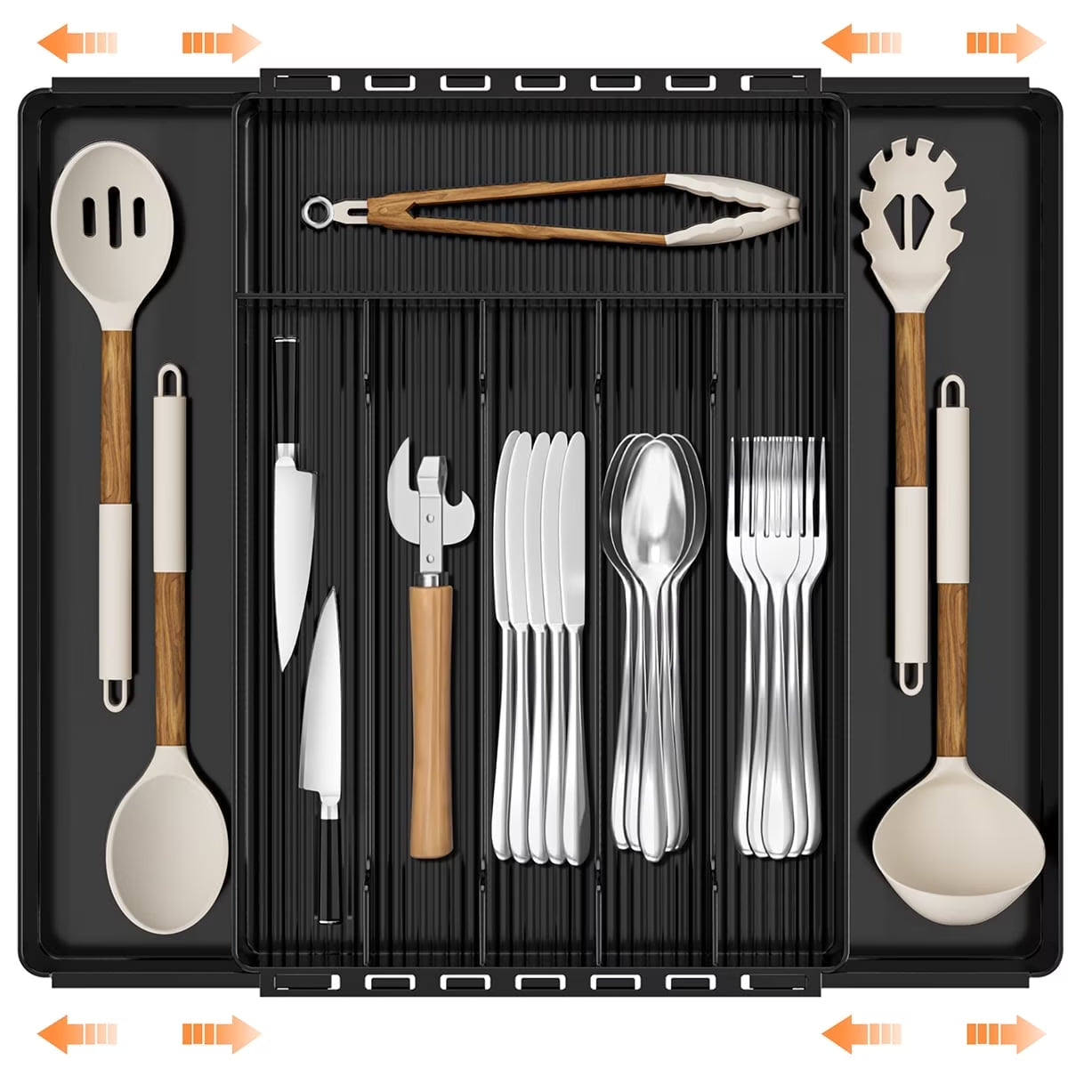 Silverware Drawer Organizer, Expandable Clear Acrylic Silverware Organizer, Kitchen Drawer Organizer for Utensils, Adjustable Cutlery Tray, Office, Supplies-8 Compartments, Medium, Black