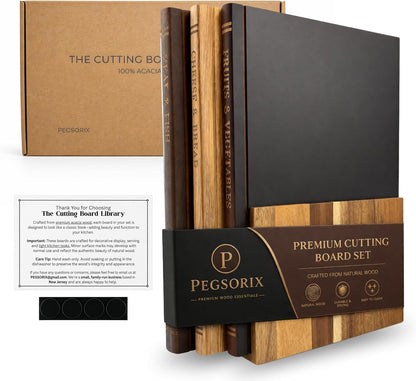 The Cutting Board LibraryÃ¢â€žÂ¢ (Original Design) | Decorative Kitchen Board Collection Bundle with Display Stand | Premium Acacia Wood | Stabilized Non-Slip Base