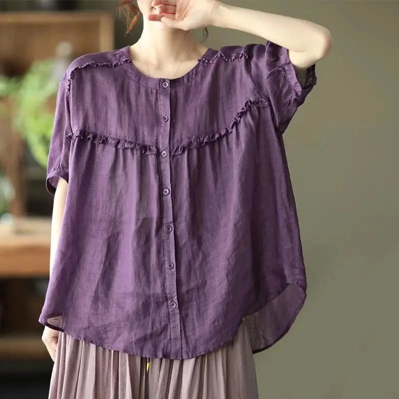 Women's Cotton Ruffle Trim Blouse – Loose Fit Casual Top