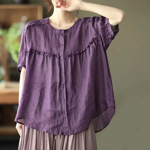 Women's Cotton Ruffle Trim Blouse – Loose Fit Casual Top
